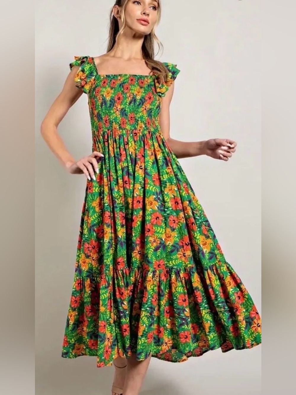 eesome Green Floral Smocked Midi Dress with Orange & Yellow Blooms